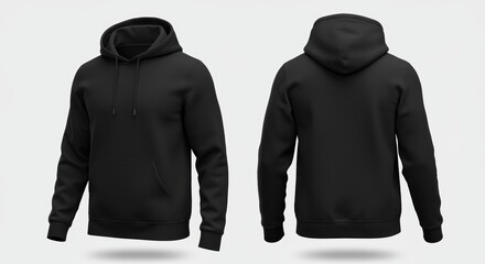 A stylish black hoodie presented from the front and back angles. It features a classic design with a hood, front pocket, and ribbed cuffs. Perfect for casual wear or sports activities.