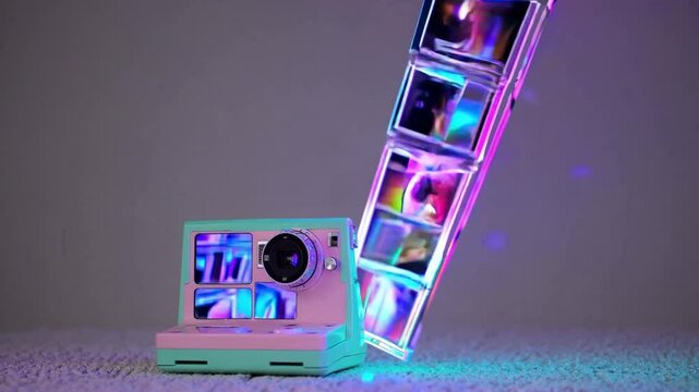 A Retro Instant Camera Surrounded by Vibrant Colored Light Strips Creating a Unique Visual Experience in a Stylish Setup