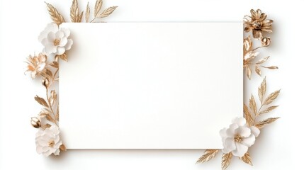 Elegant blank invitation card with a thin gold frame on a white marble background, adorned with dried beige roses and leaves, creating a sophisticated and vintage-inspired floral design.