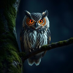 Fototapeta premium Nocturnal Guardian: A majestic owl with piercing orange eyes perches regally on a moss-covered branch, bathed in the dim light of the forest.