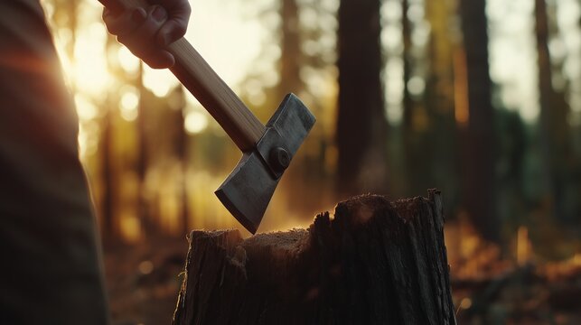 A man is holding an axe and chopping a tree trunk. Concept of hard work and determination, as the man is focused on his task. The sunlight shining on the scene adds a warm and inviting atmosphere