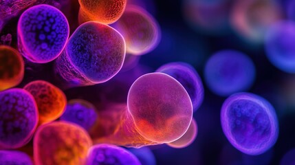 Microscopic cells glowing with vibrant colors of purple, orange and pink under an unknown source creating an otherworldly atmosphere.