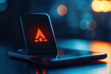 A glowing triangular symbol of home, displayed on a smartphone screen at night, symbolizing comfort and security in a vibrant, digital world.