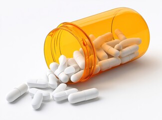 Pills Spilling From Prescription Bottle on White Background Close-up