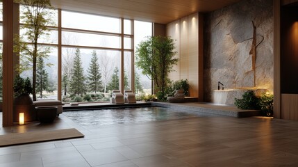 Fototapeta premium Photorealistic rende of a luxurious hotel spa with tranquil indoor pool, lush greenery, warm lighting, and view of snow-dusted forest scenery