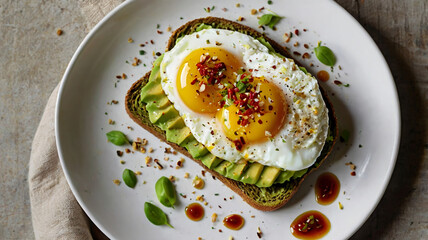 Avocado toast. Sliced ​​avocado on wholemeal toast with a poached egg and sprinkled with chilli flakes.