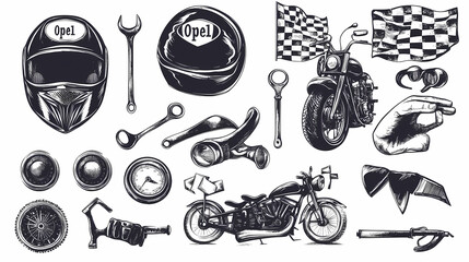 Vintage Motorcycle & Racing Elements Illustration: A collection of detailed illustrations, showcasing vintage motorcycles and racing-themed elements, ideal for design projects.
