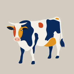 A cow with multi-colored spots stands on a beige background. Graphic print or logo