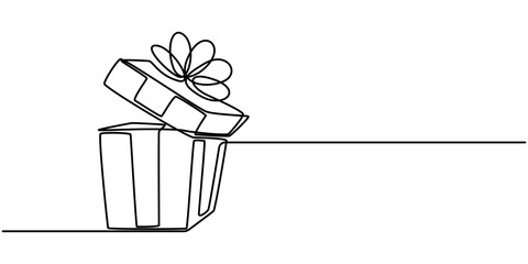 Gift box one line drawing. Continuous one line gift box.Presents with ribbon bow.Hand drawn greeting present box.Line art surprise, Continuous one line drawing of Present or gift box design. Present. 