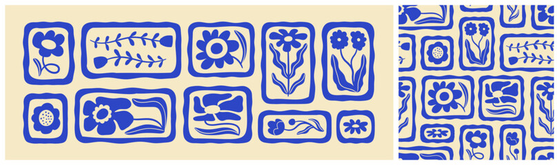 Blue floral seamless pattern illustration set. Vintage style flower frame background design collection. Geometric natural wallpaper print, spring season nature backdrop texture with flowers.	