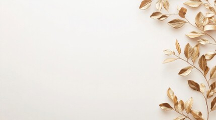 A luxurious and minimalistic wedding invitation background featuring delicate gold foil leaves on a soft ivory canvas. 