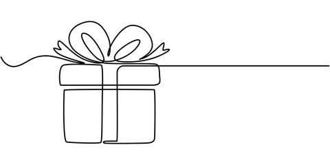 Gift box one line drawing. Continuous one line gift box.Presents with ribbon bow.Hand drawn greeting present box.Line art surprise, Continuous one line drawing of Present or gift box design. Present. 