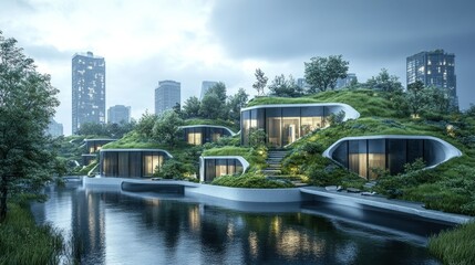 harmonious living blending modern architecture with nature's embrace in a serene waterside community against the backdrop of a cityscape