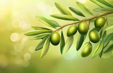Fresh Green Olives on Olive Branch with Bright Bokeh Background, Perfect for Culinary, Natural, and Agriculture Themes in Stock Photography Use