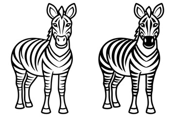 Two Zebras Stand Side by Side, Black and White Striped Animals, Isolated on White Background, Simple Outlines