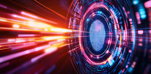Obraz premium Futuristic digital technology background featuring fingerprint surrounded by vibrant light trails, symbolizing security and innovation in high tech environment