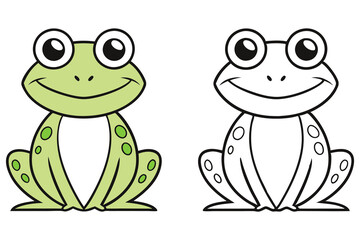 Whimsical Frog Cartoon Green Colored and Black and White Outline for Coloring Books and Creative Design Projects