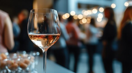 A single glass of rosé wine rests on a table, the soft light highlighting its delicate pink hue, a blurry background filled with the cheerful chatter and warm glow of a bustling evening gathering.