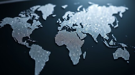 Obraz premium futuristic silver world map made of small illuminated squares on black background, minimal and abstract style for digital technology use