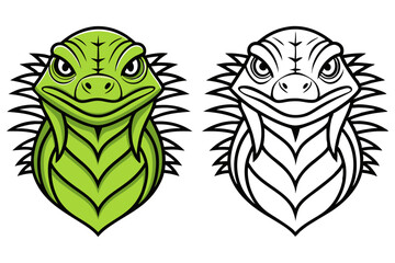 Cartoon Iguana Mascot Logo Design Green Reptile Head with Outlined Version for Coloring Book