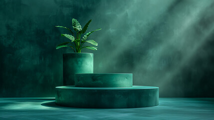 Green Plant Display on Product Podium with Textured Moody Background
