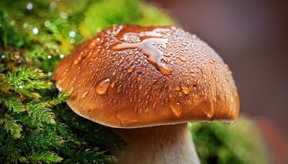Detailed Close-Up of a Glistening Mushroom With Dew Drops in a Lush Forest Setting During Morning Light