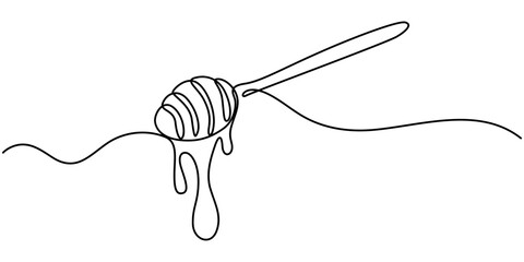 Continuous one line drawing of honey spoon dripping from a wooden honey dipper isolated on white background. Hand drawn vector illustration, Continuous one line drawing of a wooden spoon for honey. 
