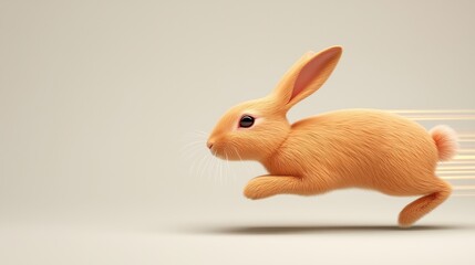 Fototapeta premium Cute Orange Rabbit Running Fast on a Neutral Background