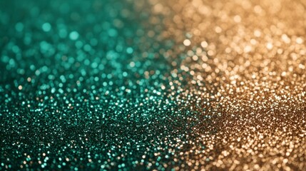 A luxurious and sparkling close-up of shimmering glitter in a soft-focus emerald green and gold gradient. The dazzling bokeh effect and metallic tones create an elegant and festive visual, 
