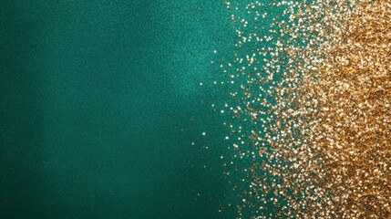 A luxurious and sparkling close-up of shimmering glitter in a soft-focus emerald green and gold gradient. The dazzling bokeh effect and metallic tones create an elegant and festive visual, 