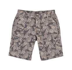 Men's summer blue shorts with tropical pattern. Front and side view.  Photo on a mannequin without a model. Isolated image on a white background. Nobody. 