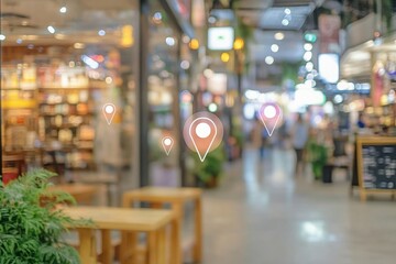 Discovering hidden gems in a bustling marketplace, illuminated by soft, warm lights and a gentle blur, revealing location markers guiding your way.