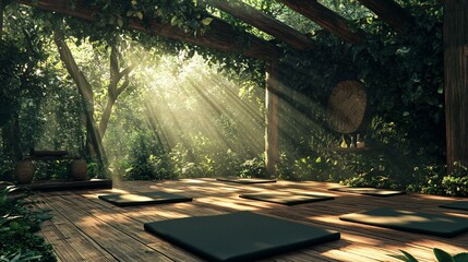Jungle Yoga Retreat Background with Sunlit Wooden Deck and Greenery