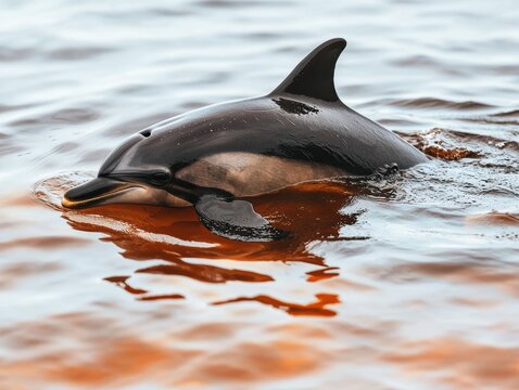 dolphin swims in polluted water with visible oil spills, highlighting environmental concerns and marine life impact