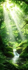 Fototapeta premium A serene forest scene with sunlight streaming through lush greenery, illuminating a tranquil stream surrounded by moss and ferns.