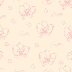 Vintage Easter coquette bunny pattern. Traditional monochrome graphic. Nostalgic cottage holiday background