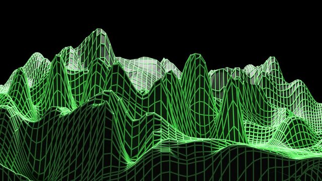 3D Loop Animation - Futuristic 3d mesh with green grid and wavy motion on dark background