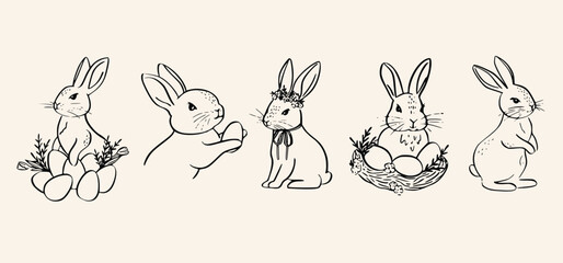 Vintage Easter coquette bunny. Traditional monochrome graphic. Nostalgic cottage holiday graphic