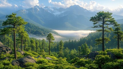 Fototapeta premium Mountain sunrise, forest vista, morning mist, scenic travel poster