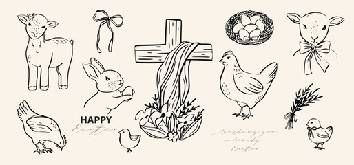 Vintage Easter cute card. Traditional monochrome graphic. Easter bakery,  coquette spring bunny with bow tie, tulips, candles. Nostalgic cottage holiday decor