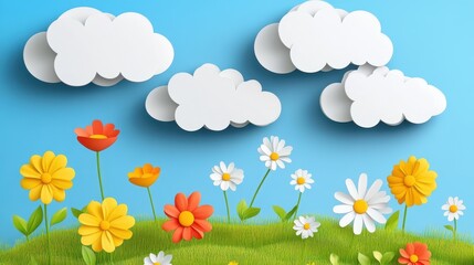 Paper Flowers with Grass, Clouds, and Blue Sky Background.