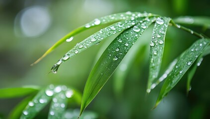 Naklejka premium Delicate bamboo leaves covered in morning dew