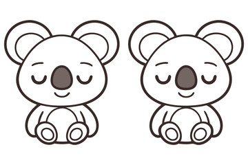 Two Adorable Koala Bears with Closed Eyes in Black and White Line Art for Coloring Pages and Children's