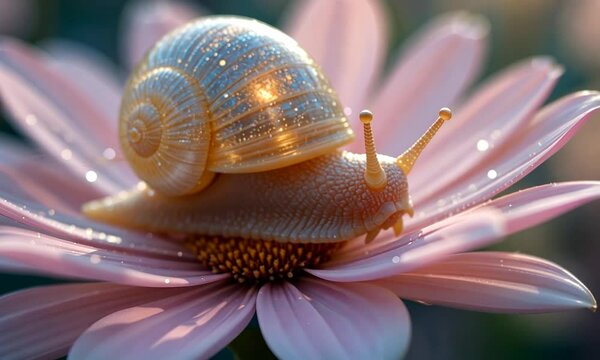 Close-up of a golden snail with a glowing shell resting on a soft pink flower petal, reflecting dreamy warm light. Concept of surreal nature and beauty