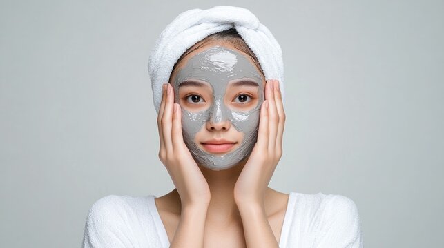 Woman wearing a beauty face mask and towel on head