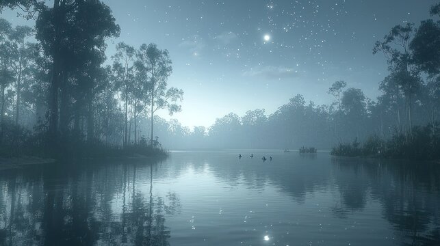 Misty lake at night, surrounded by trees