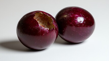 Obraz premium Dark Purple Spheres: One Damaged, Showing Interior on Bright White Background