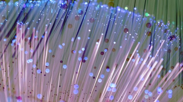 A digital composite image showcasing a mesmerizing array of optic fiber lights, with hues of teal and pink creating a vibrant, abstract spectacle