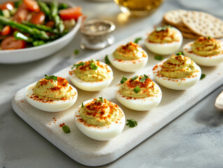 Delicious egg halves stuffed with filling. AI generative.