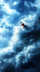 Fototapeta premium A dramatic scene showcasing a lighthouse amidst towering waves, with stormy skies and a sense of tumultuous nature.
